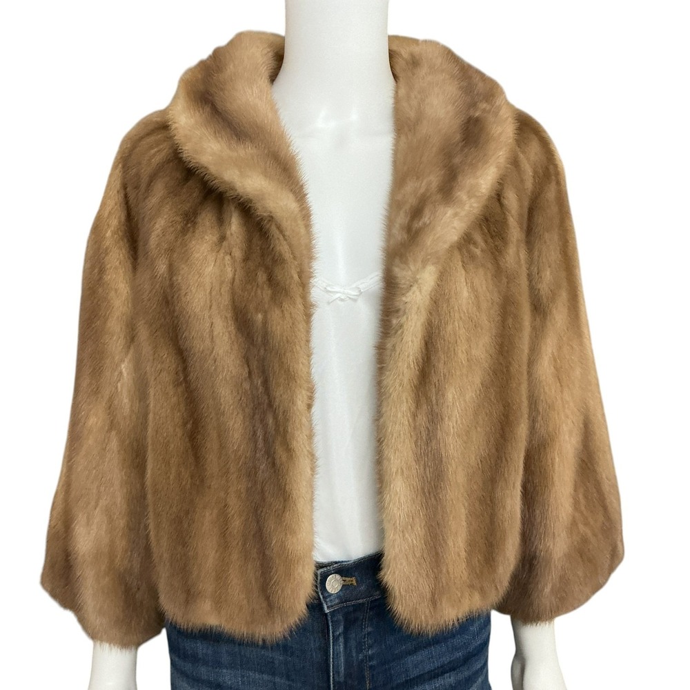 VTG Helen of Memphis Real Mink Fur Cape Jacket Stole Shawl Pastel Golden Brown S